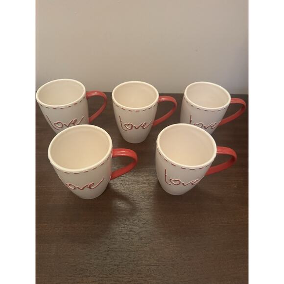 Williams-Sonoma "LOVE" Mugs Heart Set 5 Valentines Cup Stitching Red Handle Chip - Picture 1 of 10